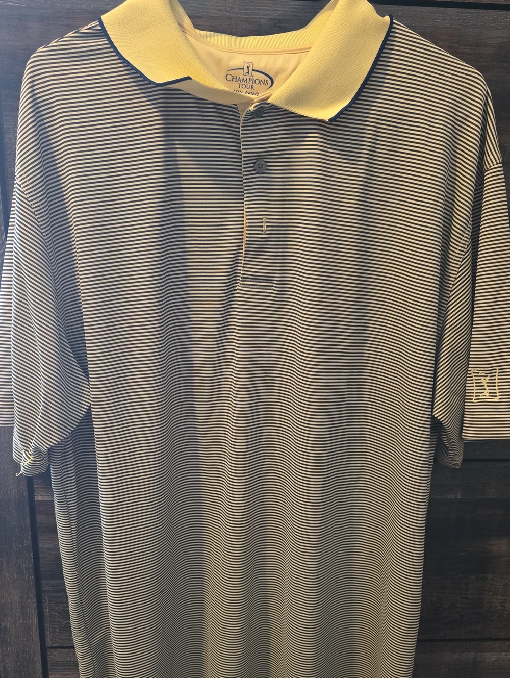 Champions Tour Mens Golf Polo Shirt XXL Navy White Striped Yellow Collar